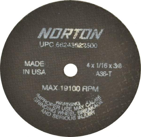 Norton - 4" 36 Grit Aluminum Oxide Cutoff Wheel - 1/16" Thick, 3/8" Arbor, 19,100 Max RPM, Use with Die Grinders - Apex Tool & Supply