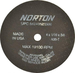 Norton - 4" 36 Grit Aluminum Oxide Cutoff Wheel - 1/16" Thick, 3/8" Arbor, 19,100 Max RPM, Use with Die Grinders - Apex Tool & Supply