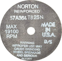 Norton - 4" 36 Grit Aluminum Oxide Cutoff Wheel - 1/16" Thick, 1/2" Arbor, 19,100 Max RPM, Use with Die Grinders - Apex Tool & Supply