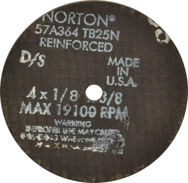 Norton - 4" 36 Grit Aluminum Oxide Cutoff Wheel - 1/8" Thick, 3/8" Arbor, 19,100 Max RPM, Use with Die Grinders - Apex Tool & Supply