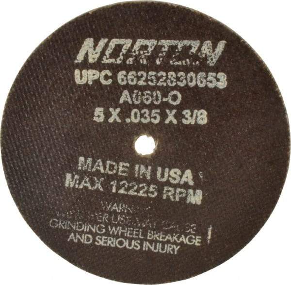 Norton - 5" 60 Grit Aluminum Oxide Cutoff Wheel - 0.035" Thick, 3/8" Arbor, 12,225 Max RPM, Use with Die Grinders - Apex Tool & Supply