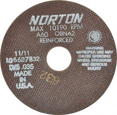 Norton - 6" 60 Grit Aluminum Oxide Cutoff Wheel - 0.035" Thick, 1-1/4" Arbor, 10,190 Max RPM, Use with Angle Grinders - Apex Tool & Supply