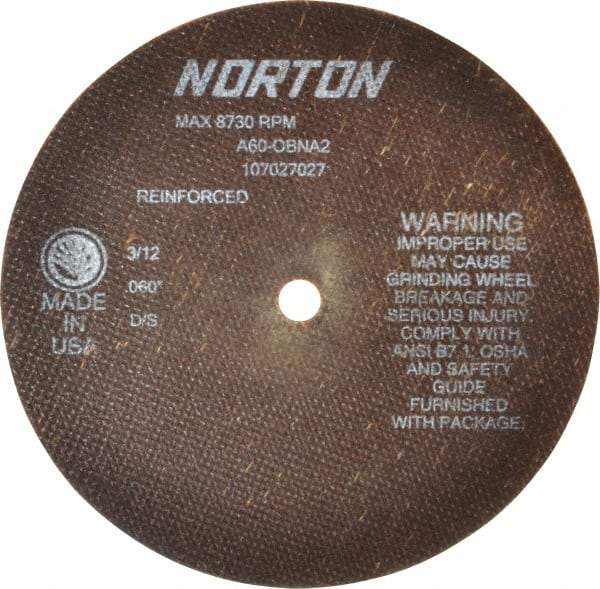 Norton - 7" 60 Grit Aluminum Oxide Cutoff Wheel - 0.06" Thick, 1/2" Arbor, 8,730 Max RPM, Use with Stationary Grinders - Apex Tool & Supply