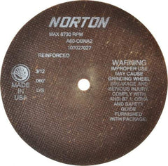 Norton - 7" 60 Grit Aluminum Oxide Cutoff Wheel - 0.06" Thick, 1/2" Arbor, 8,730 Max RPM, Use with Stationary Grinders - Apex Tool & Supply