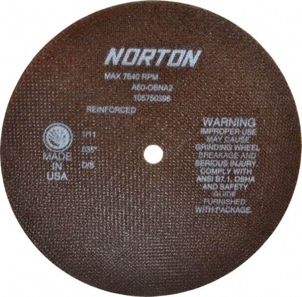 Norton - 8" 60 Grit Aluminum Oxide Cutoff Wheel - 0.035" Thick, 1/2" Arbor, 7,640 Max RPM, Use with Stationary Grinders - Apex Tool & Supply