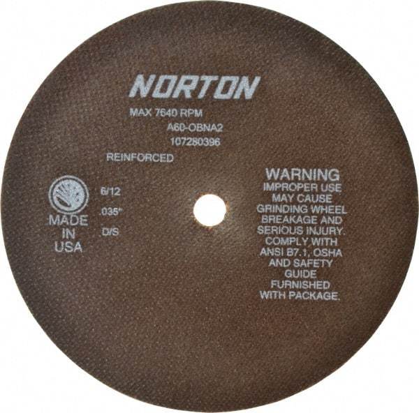 Norton - 8" 60 Grit Aluminum Oxide Cutoff Wheel - 0.035" Thick, 5/8" Arbor, 7,640 Max RPM, Use with Circular Saws - Apex Tool & Supply
