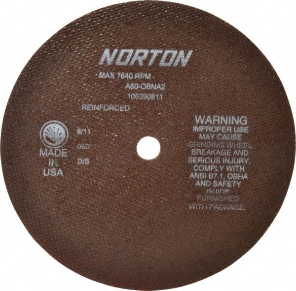 Norton - 8" 60 Grit Aluminum Oxide Cutoff Wheel - 0.06" Thick, 5/8" Arbor, 7,640 Max RPM, Use with Circular Saws - Apex Tool & Supply