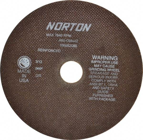 Norton - 8" 60 Grit Aluminum Oxide Cutoff Wheel - 0.06" Thick, 1-1/4" Arbor, 7,640 Max RPM, Use with Stationary Grinders - Apex Tool & Supply
