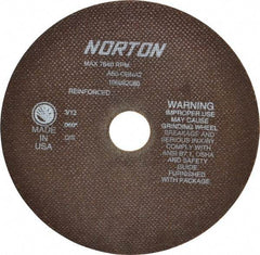Norton - 8" 60 Grit Aluminum Oxide Cutoff Wheel - 0.06" Thick, 1-1/4" Arbor, 7,640 Max RPM, Use with Stationary Grinders - Apex Tool & Supply