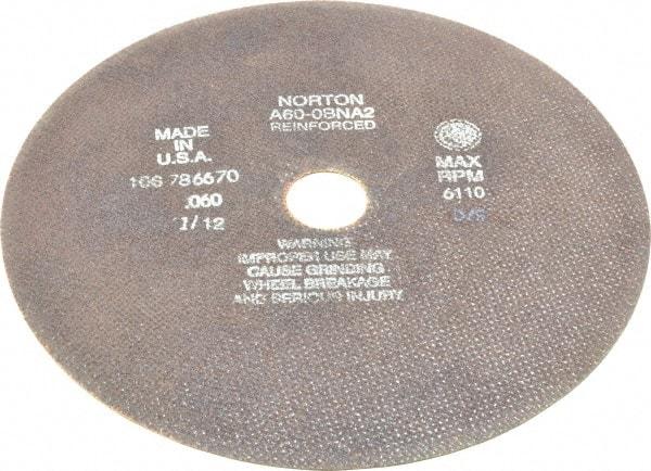 Norton - 10" 60 Grit Aluminum Oxide Cutoff Wheel - 0.06" Thick, 1-1/4" Arbor, 6,110 Max RPM, Use with Stationary Grinders - Apex Tool & Supply