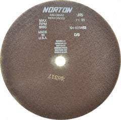 Norton - 12" 60 Grit Aluminum Oxide Cutoff Wheel - 0.075" Thick, 1" Arbor, 5,095 Max RPM, Use with Stationary Grinders - Apex Tool & Supply