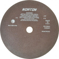 Norton - 12" 60 Grit Aluminum Oxide Cutoff Wheel - 0.075" Thick, 1-1/4" Arbor, 5,095 Max RPM, Use with Stationary Grinders - Apex Tool & Supply