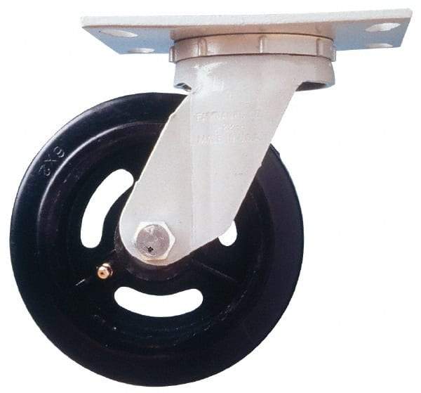 Fairbanks - 4" Diam x 2" Wide x 5-5/8" OAH Top Plate Mount Swivel Caster - Rubber, 600 Lb Capacity, Roller Bearing, 4-1/2 x 6-1/4" Plate - Apex Tool & Supply