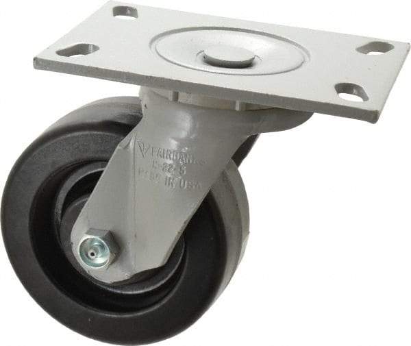 Fairbanks - 5" Diam x 2" Wide x 6-1/2" OAH Top Plate Mount Swivel Caster - Phenolic, 1,000 Lb Capacity, Roller Bearing, 4-1/2 x 6-1/4" Plate - Apex Tool & Supply