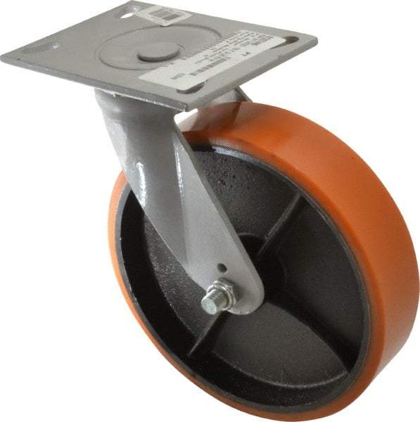 Fairbanks - 8" Diam x 2" Wide x 9-1/2" OAH Top Plate Mount Swivel Caster - Polyurethane, 1,200 Lb Capacity, Roller Bearing, 4-1/2 x 6-1/4" Plate - Apex Tool & Supply