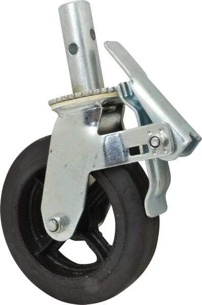 Fairbanks - 9-1/2" Diam x 2" Wide, Rubber Molded on 70 Durometer Swivel with Brake Double Braking Lock Design Caster - 500 Lb Capacity, Round Scaffold Stem Mount, Roller Bearing - Apex Tool & Supply