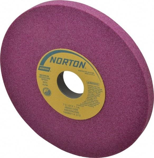 Norton - 7" Diam x 1-1/4" Hole x 1/2" Thick, I Hardness, 60 Grit Surface Grinding Wheel - Aluminum Oxide, Type 1, Medium Grade, 3,600 Max RPM, Vitrified Bond, No Recess - Apex Tool & Supply