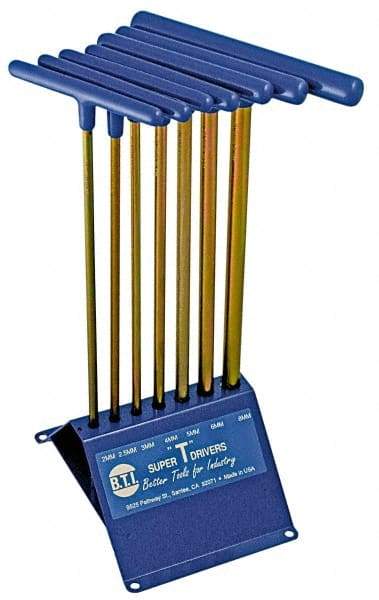 Made in USA - 7 Piece T-Handle Hex Key Set - Hex Range 2 to 8mm, 13" OAL, Chromalloy Steel - Apex Tool & Supply