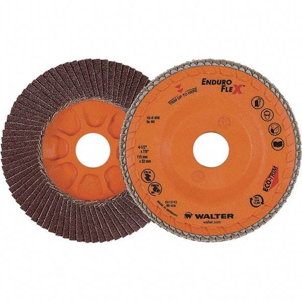WALTER Surface Technologies - 60 Grit, 4-1/2" Disc Diam, 7/8" Center Hole, Zirconia Alumina Flap Disc - 13,300 Max RPM, Plastic Backing, Arbor Attaching System, Coated - Apex Tool & Supply