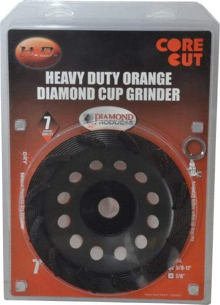 Core Cut - 7" Diam, 7/8" Hole Size, 3/16" Overall Thickness, Spiral Cup Tool & Cutter Grinding Wheel - Diamond, 8,725 RPM - Apex Tool & Supply