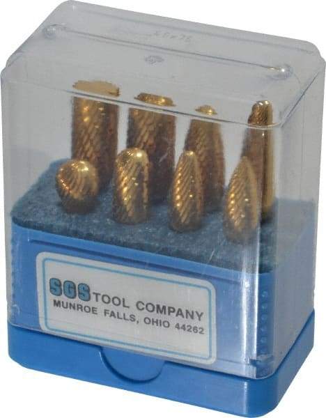 SGS Pro - 8 Piece, 1/4" Shank Burr Set - Tungsten Carbide, Multiple Head Shapes, 14° Included Angle - Apex Tool & Supply