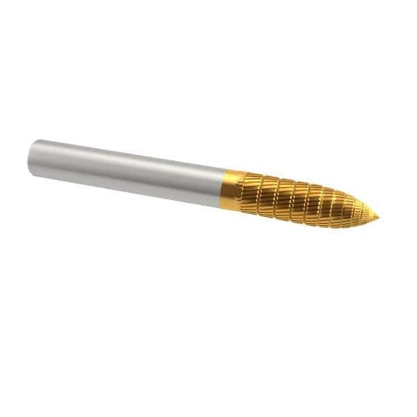 SGS Pro - 1/4" Cut Diam, 1/4" Shank Diam, Tree Head Double Cut Burr - Carbide, Point End, 5/8" LOC, 2" OAL - Apex Tool & Supply