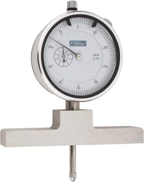 Fowler - 0 to 22 Inch Range, Steel, White Dial Depth Gage - 0.001 Inch Graduation, 0.001 Inch Accuracy, 1 Inch Travel, 4 Inch Base Measuring Length - Apex Tool & Supply