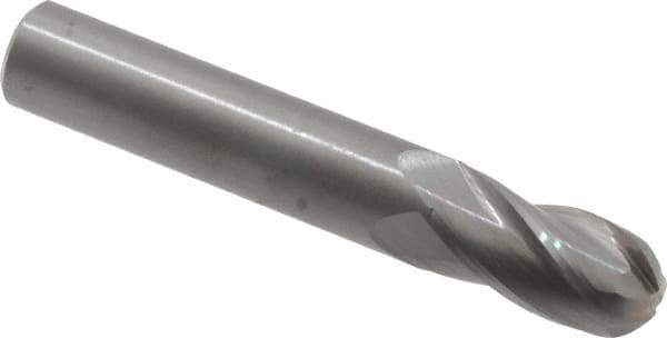 OSG - 9/16" Diam, 1-1/8" LOC, 4 Flute Solid Carbide Ball End Mill - Uncoated, Single End, 3-1/2" OAL, 9/16" Shank Diam, Spiral Flute - Apex Tool & Supply
