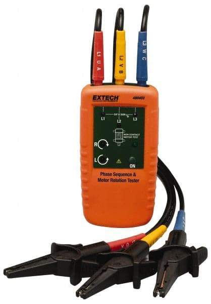 Extech - 3 Phase, 40 to 600 VAC, 2 to 400 Hz, 32 to 104°F, LED Display Phase Rotation Tester - 9V, Includes Alligator Clips, Test Leads, CAT III 600 V, CE, EN 61010-1 - Apex Tool & Supply