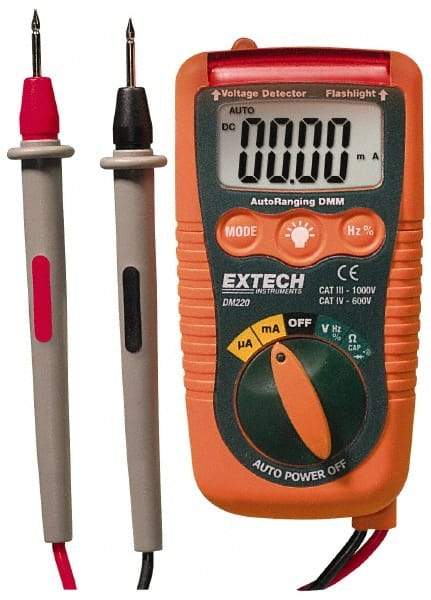 Extech - DM220, CAT IV, 600 VAC/VDC, Digital Auto Ranging Multimeter - 40 mOhm, Measures Voltage, Current, Frequency, Resistance - Apex Tool & Supply