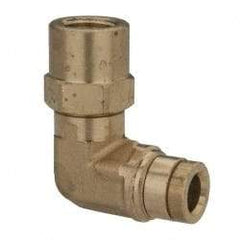 Parker - 1/4" Outside Diam, 1/8 NPTF, Brass Push-to-Connect Tube Female Swivel Elbow - 250 Max psi, Tube to Female NPT Connection, Buna-N O-Ring - Apex Tool & Supply
