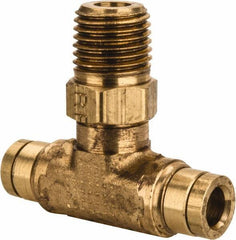 Parker - 1/4" Outside Diam, 1/4 NPT, Brass Push-to-Connect Tube Male Swivel Branch Tee - 250 Max psi, Tube to Male NPT Connection, Buna-N O-Ring - Apex Tool & Supply