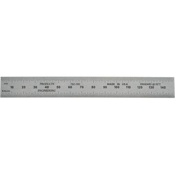 PEC Tools - 150mm Long, 0.5, 1mm Graduation, Rigid Steel Rule - Metric Graduation Style, 3/4" Wide, Silver, Satin Chrome Finish - Apex Tool & Supply