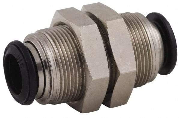 Alpha Technologies - 5mm Outside Diam, Nickel Plated Brass Push-to-Connect Tube Bulkhead Union - 250 Max psi, Tube to Tube Connection, Buna O-Ring - Apex Tool & Supply
