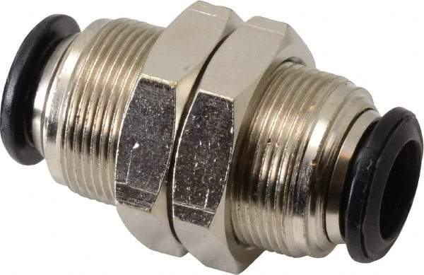Alpha Technologies - 10mm Outside Diam, Nickel Plated Brass Push-to-Connect Tube Bulkhead Union - 250 Max psi, Tube to Tube Connection, Buna O-Ring - Apex Tool & Supply