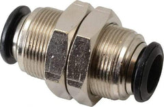Alpha Technologies - 10mm Outside Diam, Nickel Plated Brass Push-to-Connect Tube Bulkhead Union - 250 Max psi, Tube to Tube Connection, Buna O-Ring - Apex Tool & Supply