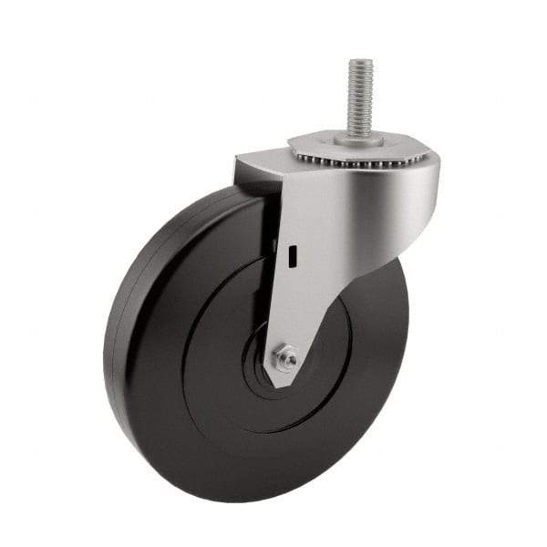 E.R. Wagner - 5" Diam x 1-1/4" Wide x 5-1/2" OAH Stem Mount Swivel Caster - Soft Rubber, 190 Lb Capacity, Delrin Bearing, 3/8-16 x 1" Threaded Stem - Apex Tool & Supply
