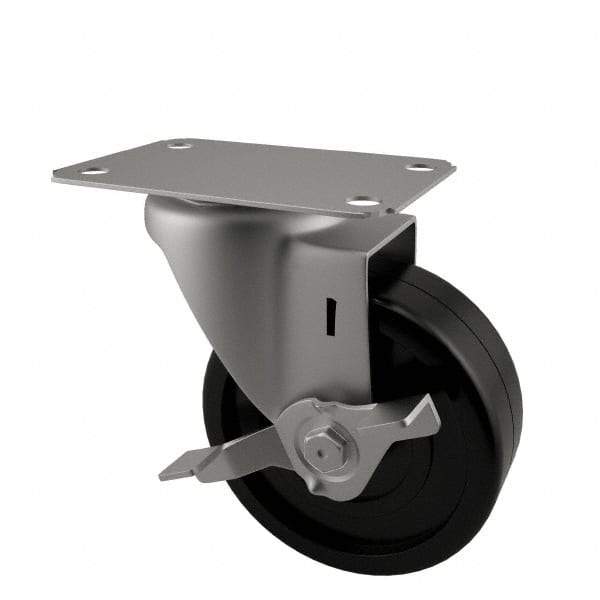 E.R. Wagner - 3" Diam x 1-1/4" Wide x 3-3/4" OAH Top Plate Mount Swivel Caster with Brake - Soft Rubber, 125 Lb Capacity, Delrin Bearing, 2-3/4 x 3-3/4" Plate - Apex Tool & Supply