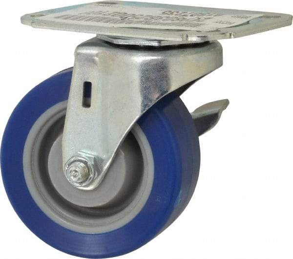 E.R. Wagner - 3" Diam x 1-1/4" Wide x 3-3/4" OAH Top Plate Mount Swivel Caster with Brake - Polyurethane, 210 Lb Capacity, Delrin Bearing, 2-3/4 x 3-3/4" Plate - Apex Tool & Supply