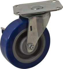 E.R. Wagner - 4" Diam x 1-1/4" Wide x 4-11/16" OAH Top Plate Mount Swivel Caster with Brake - Polyurethane, 275 Lb Capacity, Delrin Bearing, 2-3/4 x 3-3/4" Plate - Apex Tool & Supply