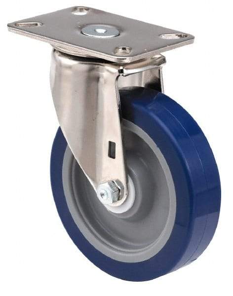 E.R. Wagner - 5" Diam x 1-3/8" Wide x 6-3/8" OAH Top Plate Mount Swivel Caster - Polyolefin, 450 Lb Capacity, Delrin Bearing, 3-1/8 x 4-1/8" Plate - Apex Tool & Supply