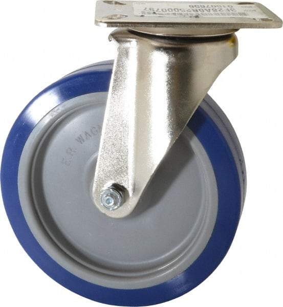E.R. Wagner - 6" Diam x 1-1/2" Wide x 7-3/8" OAH Top Plate Mount Swivel Caster - Polyurethane, 450 Lb Capacity, Delrin Bearing, 3-1/8 x 4-1/8" Plate - Apex Tool & Supply