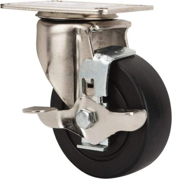 E.R. Wagner - 4" Diam x 1-1/2" Wide x 5-3/8" OAH Top Plate Mount Swivel Caster with Brake - Polyolefin, 375 Lb Capacity, Delrin Bearing, 3-1/8 x 4-1/8" Plate - Apex Tool & Supply