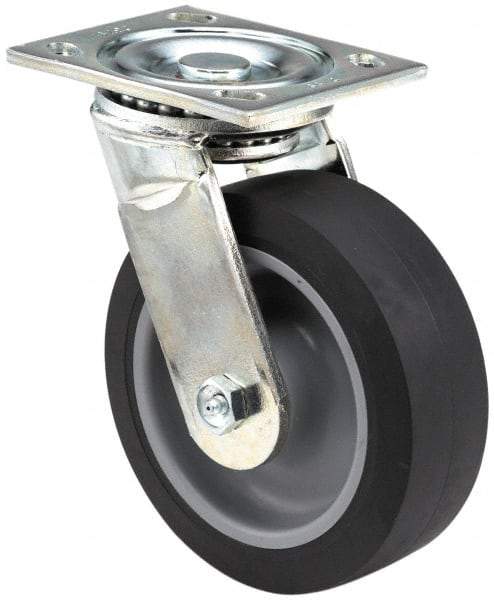 E.R. Wagner - 6" Diam x 2" Wide x 7-1/2" OAH Top Plate Mount Swivel Caster - Polyurethane, 1,200 Lb Capacity, Roller Bearing, 5 x 5-1/2" Plate - Apex Tool & Supply