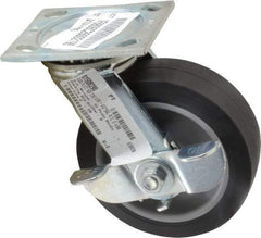 E.R. Wagner - 6" Diam x 2" Wide x 7-1/2" OAH Top Plate Mount Swivel Caster with Brake - TPR, 400 Lb Capacity, Roller Bearing, 4 x 4-1/2" Plate - Apex Tool & Supply
