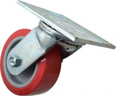 E.R. Wagner - 5" Diam x 2" Wide x 6-1/2" OAH Top Plate Mount Swivel Caster - Polyurethane, 750 Lb Capacity, Roller Bearing, 4 x 4-1/2" Plate - Apex Tool & Supply