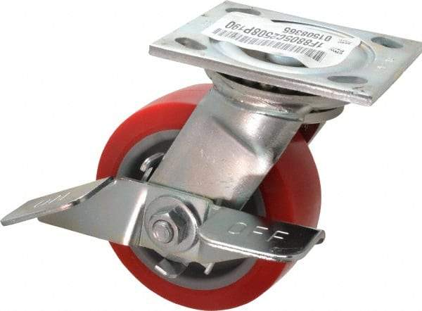 E.R. Wagner - 5" Diam x 2" Wide x 6-1/2" OAH Top Plate Mount Swivel Caster with Brake - Polyurethane, 750 Lb Capacity, Roller Bearing, 4 x 4-1/2" Plate - Apex Tool & Supply