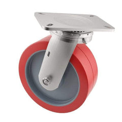 E.R. Wagner - 6" Diam x 2" Wide x 7-1/2" OAH Top Plate Mount Swivel Caster - Polyurethane, 900 Lb Capacity, Roller Bearing, 4 x 4-1/2" Plate - Apex Tool & Supply