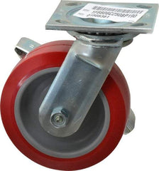 E.R. Wagner - 6" Diam x 2" Wide x 7-1/2" OAH Top Plate Mount Swivel Caster with Brake - Polyurethane, 900 Lb Capacity, Roller Bearing, 4 x 4-1/2" Plate - Apex Tool & Supply