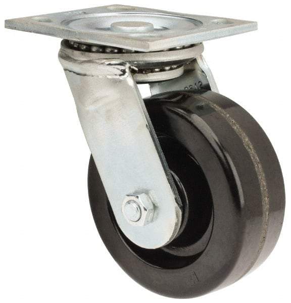 E.R. Wagner - 5" Diam x 2" Wide x 6-1/2" OAH Top Plate Mount Swivel Caster - Phenolic, 1,000 Lb Capacity, Roller Bearing, 4 x 4-1/2" Plate - Apex Tool & Supply